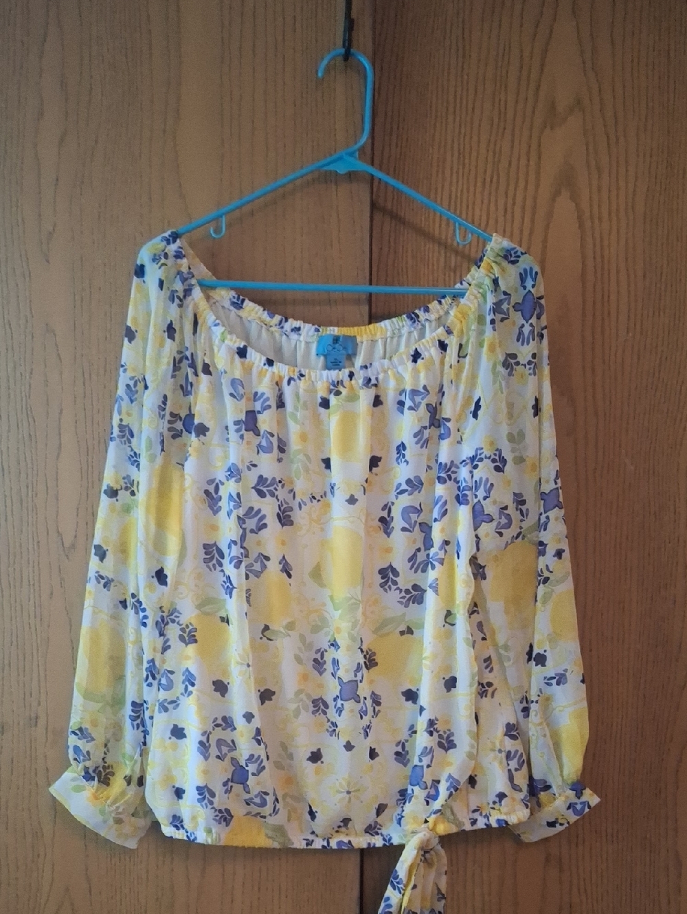 CeCe Yellow & Blue Floral Off-Shoulder Tie-Hem Blouse